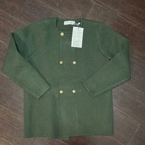 Size12-14 knit blazer NWT
Green Double-Breasted Jacket with Gold Buttons